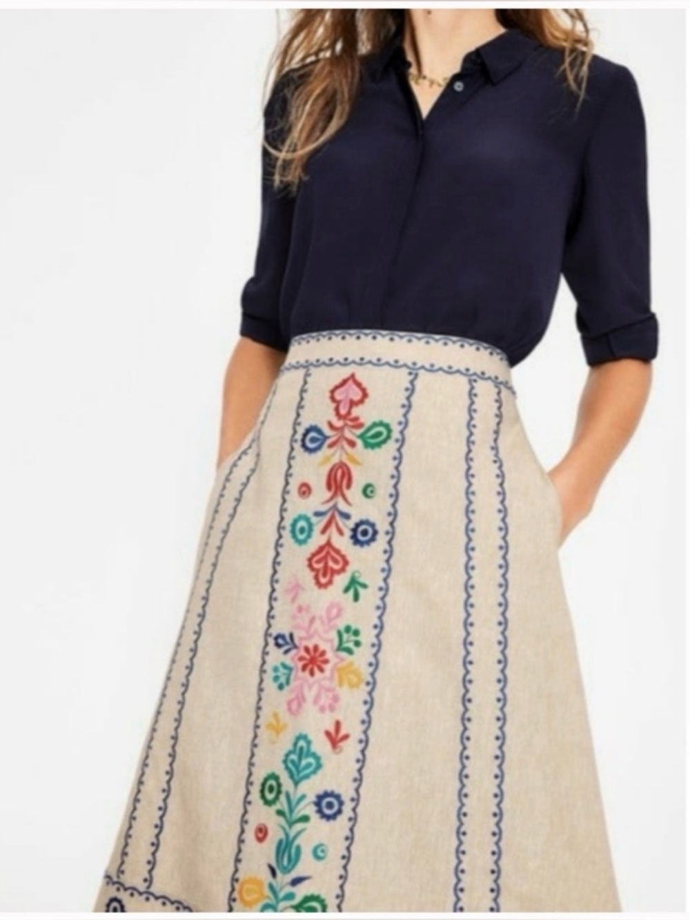 Boden Cream A-Line Skirt with Multicolor Floral Embroidery - Picture 3 of 15